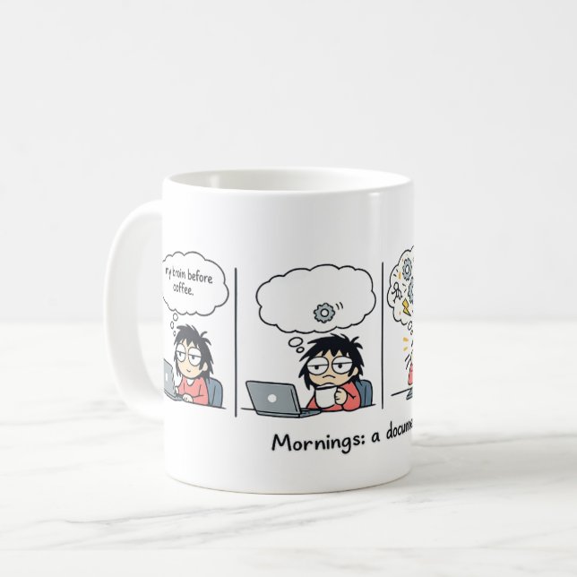 Caneca De Café Manhãs: Um Documentário | Tirinha Cômica Divertida (Frente Esquerda)