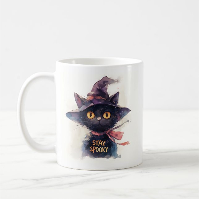 Caneca De Café Mantenha-se assustado - Gato Preto de Aquarela no  (Esquerda)