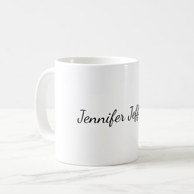 Caneca De Café Manuscrito Branco Simples Moderno Seu Nome (Frente Esquerda)
