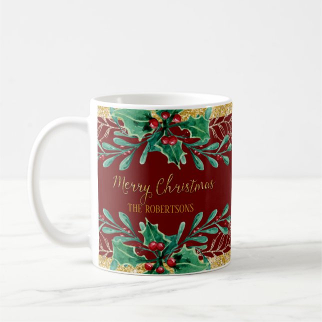 Caneca De Café Manuscrito Feliz Natal Burgundy Dourado Watercolor (Esquerda)