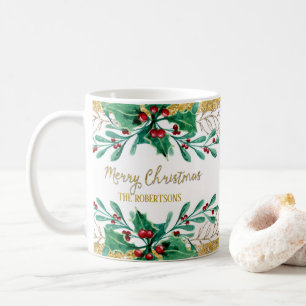 Caneca De Café Manuscrito Feliz Natal Dourado Watercolor Holly Be