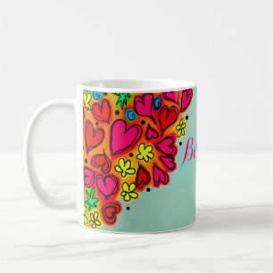 Caneca De Café Mão bonito corações e flores tirados do Doodle