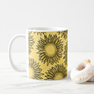Caneca De Café Mão De Girassol Russo Floral Desenhada