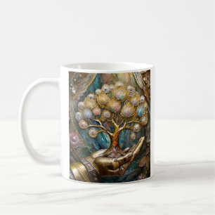 Caneca De Café Mão de Robô Dourada Segurando a Árvore Dourada da