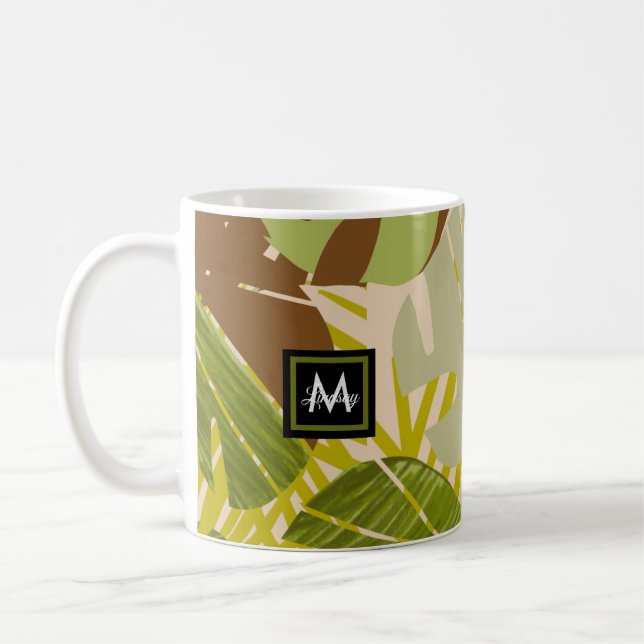 Caneca De Café Mão Desenhada Selva Verde Folha Castanha (Esquerda)