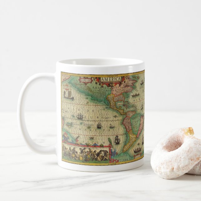 Caneca De Café Mapa antigo das Américas por Hondius (Com Donut)