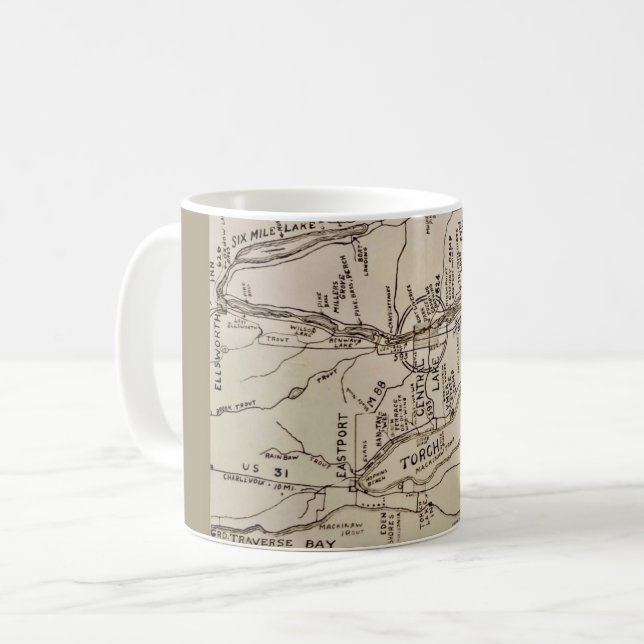 Caneca De Café Mapa Antigo do Lago Torch Michigan (Frente Esquerda)