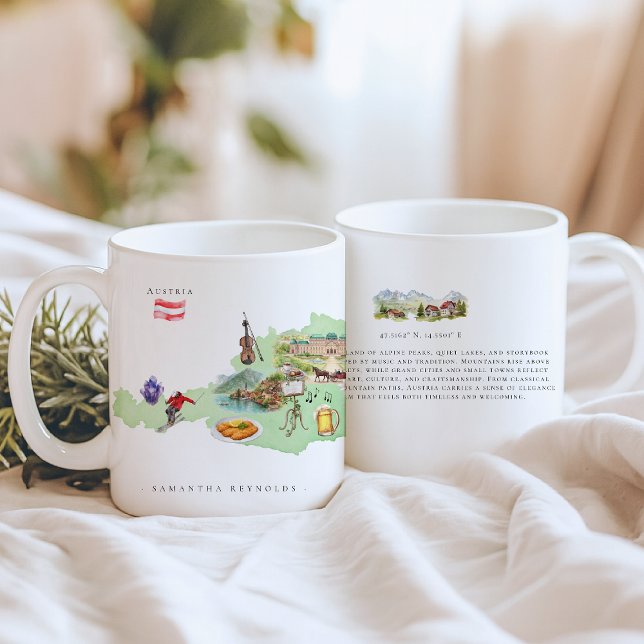 Caneca De Café Mapa da Áustria Ilustrado com Aquarela | Monograma (Criador carregado)