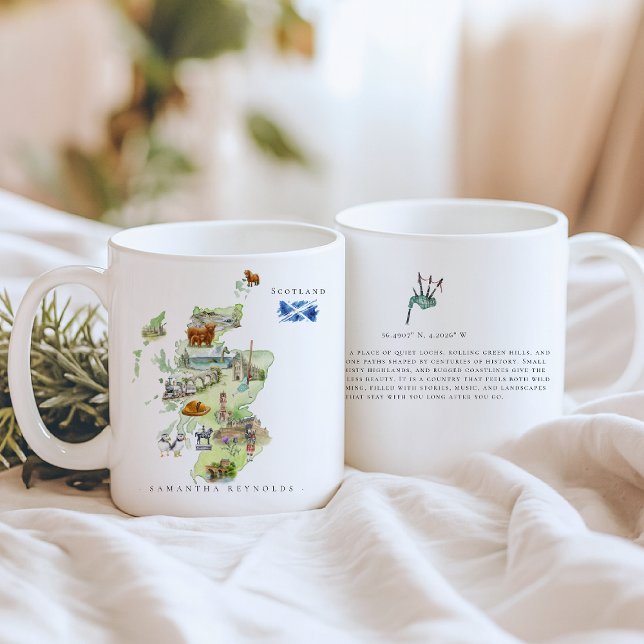 Caneca De Café Mapa da Escócia Ilustrado com Aquarela | Monograma (Criador carregado)