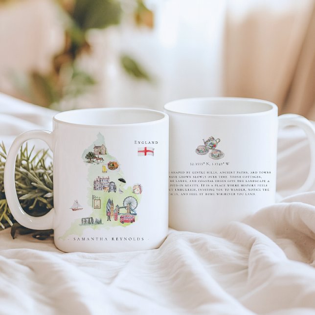 Caneca De Café Mapa da Inglaterra Ilustrado à Aguarela | Monogram (Criador carregado)