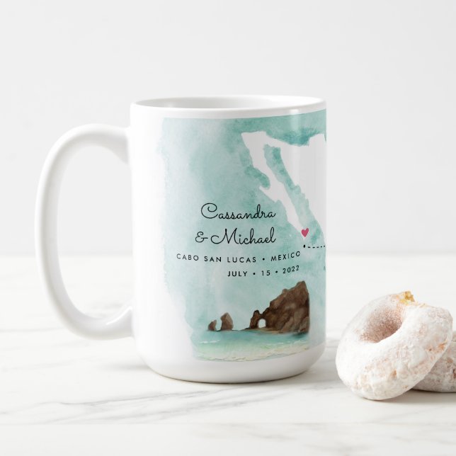 Caneca De Café Mapa de Aquarela do México | Cabo | Casamento de D (Com Donut)