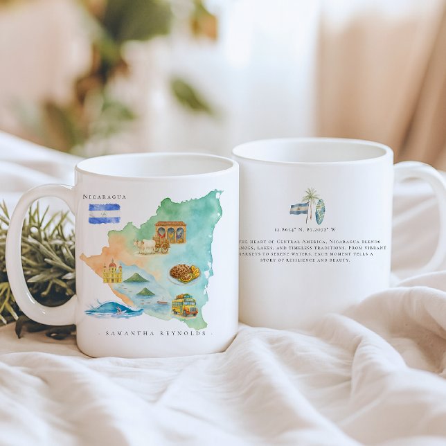 Caneca De Café Mapa de Aquarela Ilustrado Nicarágua | Monograma (Criador carregado)