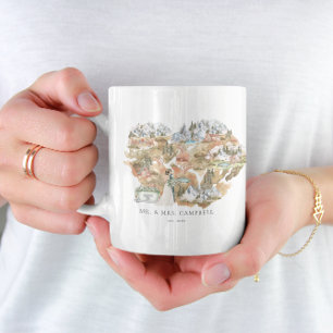 Caneca De Café Mapa de Casamento Aquarela Recém-Casados Monogra