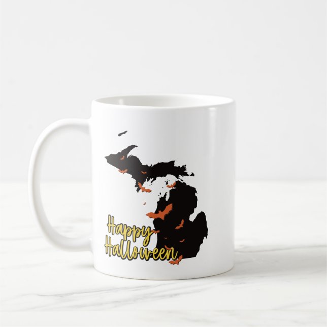 Caneca De Café Mapa do Estado do Michigan Feliz Halloween Bats (Esquerda)