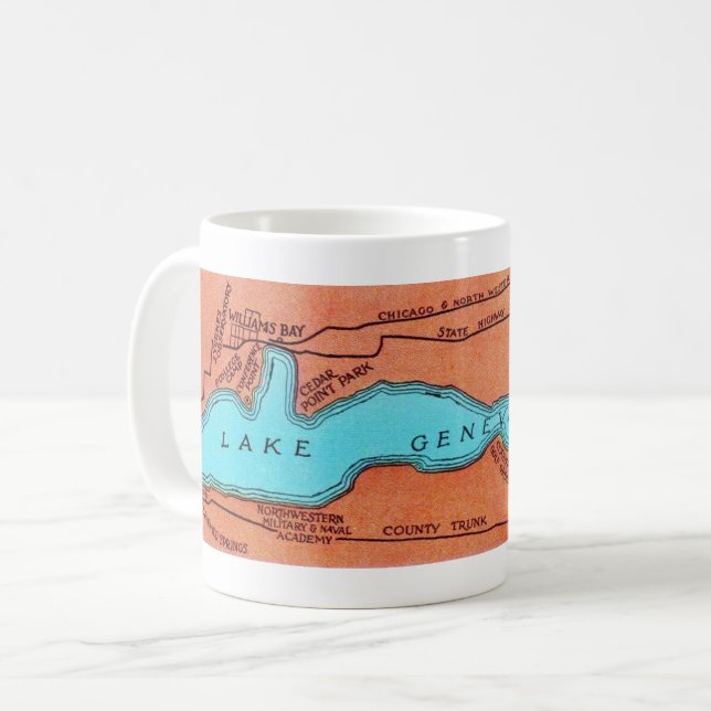 Caneca De Café Mapa do Lago Genebra Wisconsin (Frente Esquerda)