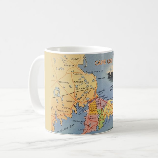 Caneca De Café Mapa do Velho Cabo Cod Massachusetts (Frente Esquerda)