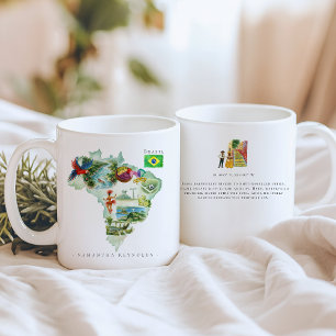 Caneca De Café Mapa Ilustrado à Aguarela Brasil Monograma