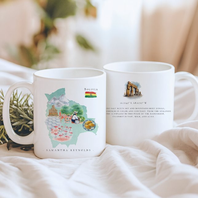 Caneca De Café Mapa Ilustrado da Bolívia em Aquarela | Monograma (Criador carregado)