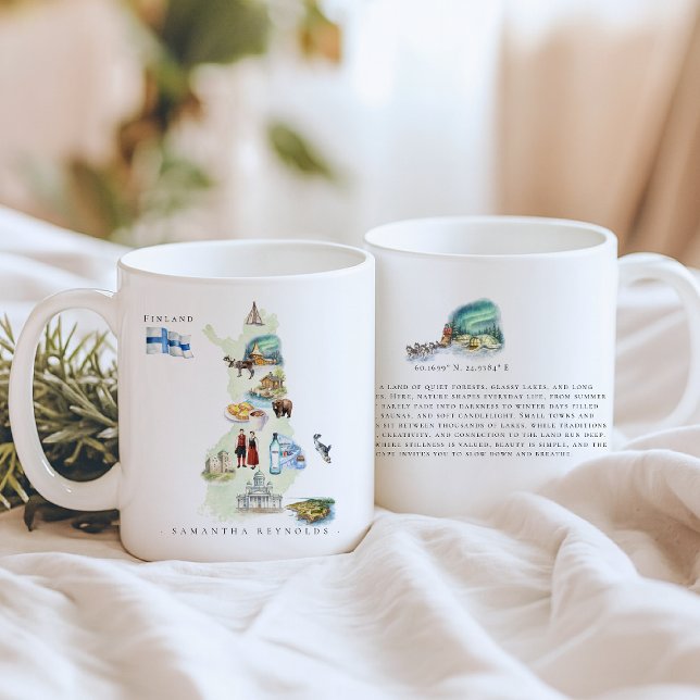 Caneca De Café Mapa Ilustrado da Finlândia em Aquarela | Monogram (Criador carregado)