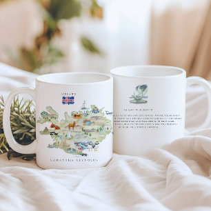 Caneca De Café Mapa Ilustrado da Islândia em Aquarela Monograma