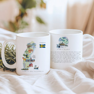 Caneca De Café Mapa Ilustrado da Suécia em Aquarela Monograma