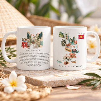 Caneca De Café Mapa Ilustrado da Vietnam a Aquarela | Monograma