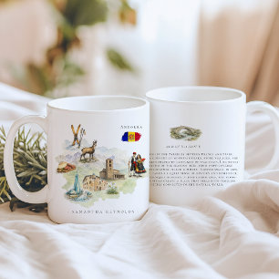 Caneca De Café Mapa Ilustrado de Andorra em Aquarela Monograma