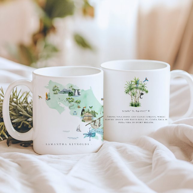 Caneca De Café Mapa Ilustrado de Aquarela Costa Rica | Monograma (Criador carregado)
