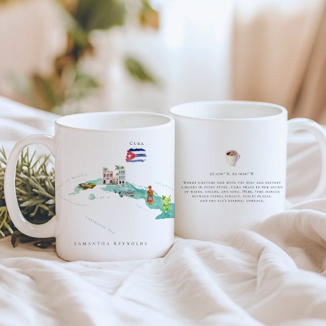 Caneca De Café Mapa Ilustrado de Aquarela Cuba | Monograma (Criador carregado)