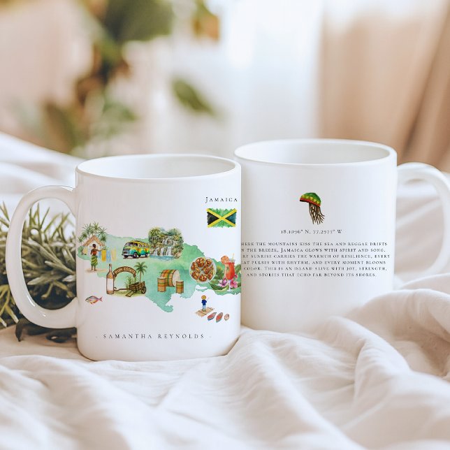 Caneca De Café Mapa Ilustrado de Aquarela Jamaica | Monograma (Criador carregado)