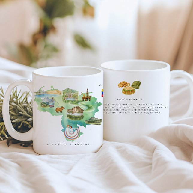 Caneca De Café Mapa Ilustrado de Aquarela na Venezuela | Monogram (Criador carregado)