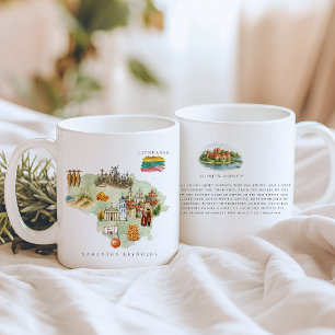 Caneca De Café Mapa Ilustrado de Lituaânia com Aquarela   Monogra