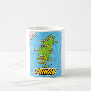 Caneca De Café Mapa ilustrado de Taiwan em Pop Art