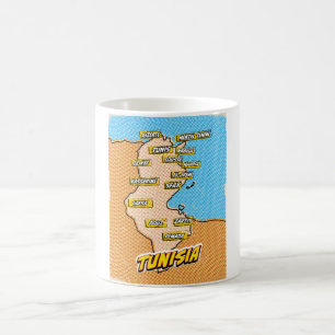 Caneca De Café Mapa ilustrado de Tunísia em Pop Art