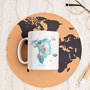 Caneca De Café Mapa Ilustrado em Aquarela da Groenlândia   Monogr