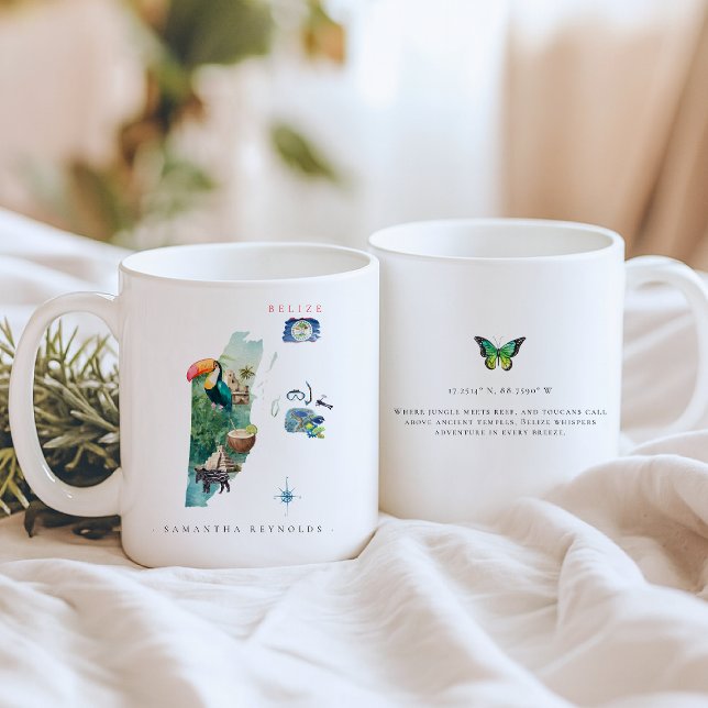 Caneca De Café Mapa Ilustrado em Aquarela de Belize | Monograma (Criador carregado)