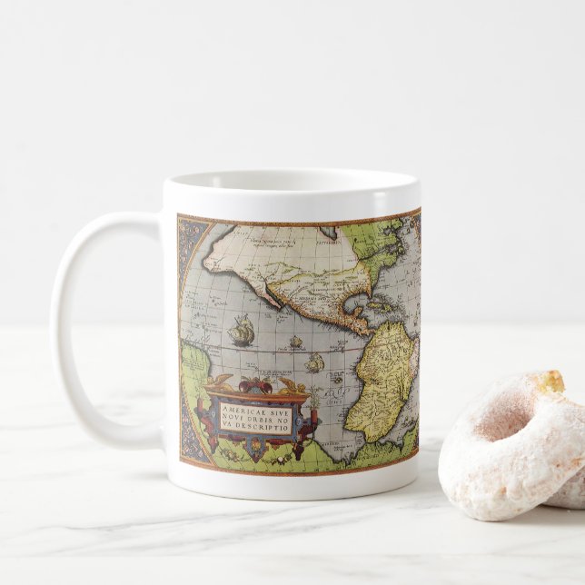 Caneca De Café Mapa Mundial Antiquado das Américas por Abraham Or (Com Donut)