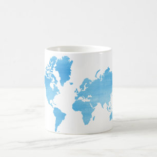 Caneca De Café Mapa Mundial Azul Minimalista Arte Aquarela