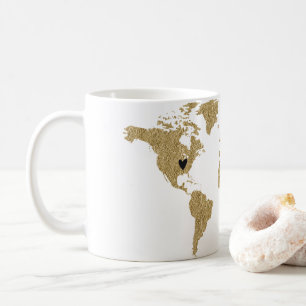 Caneca De Café Mapa Mundial em Folha de Ouro Localização do Coraç