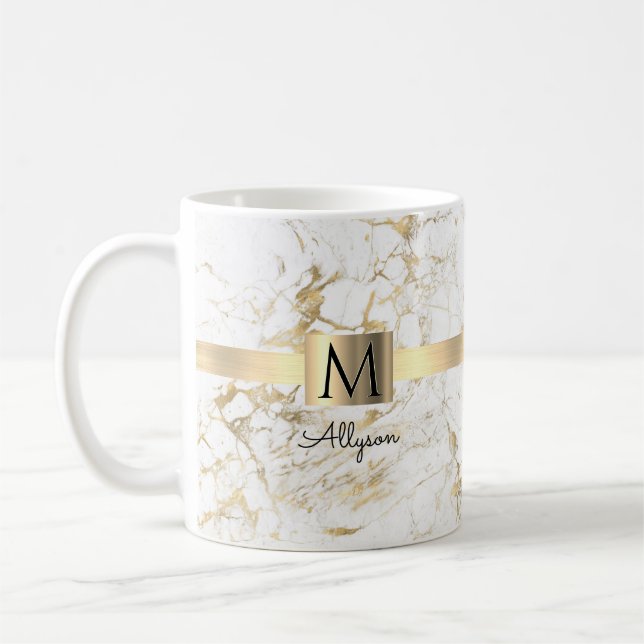 Caneca De Café Marble branco e Dourado, nome de script e monogram (Esquerda)