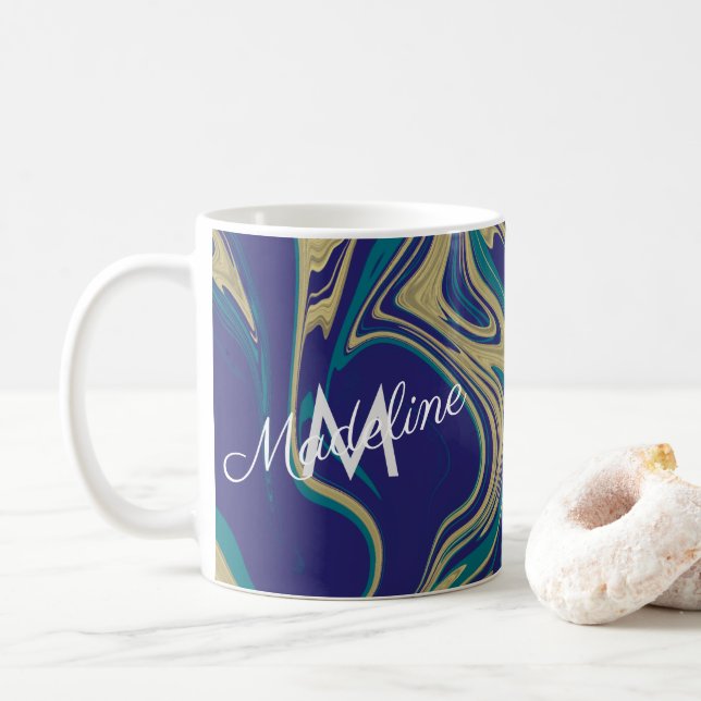 Caneca De Café Marble Liquid Faux Dourado Azul Verde Monograma (Com Donut)