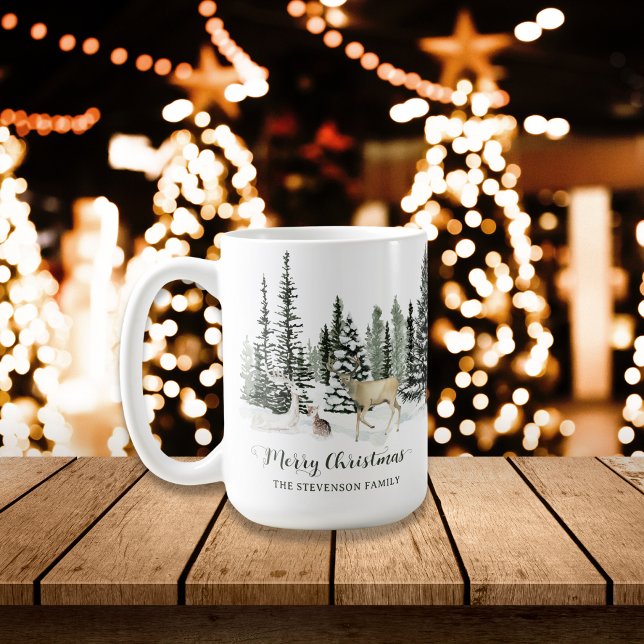 Caneca De Café Marcha de Natal Personalizada (Personalized Watercolor Woodland Merry Christmas Coffee Mug)