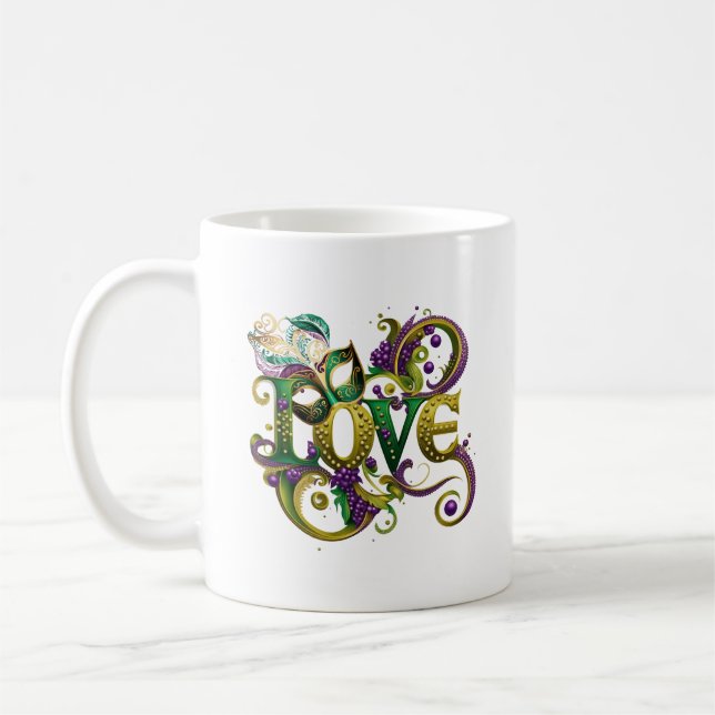 Caneca De Café Mardi Gras Mascarada Mask Word LOVE Celebração (Esquerda)
