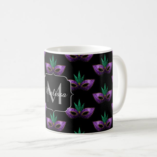 Caneca De Café Mardi Gras Mask Purple Green Sparkle Monograma Dou (Frente Esquerda)