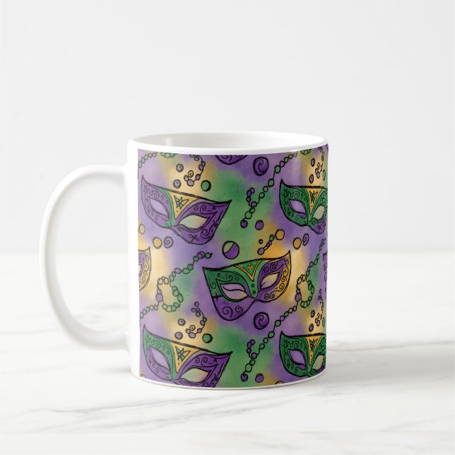 Caneca De Café Mardi Gras Masks and Beads Purple Green Yellow (Esquerda)