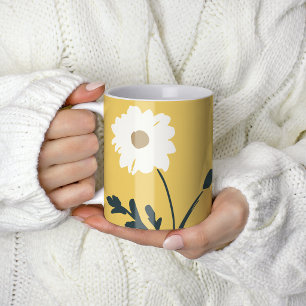 Caneca De Café Margarida Amarela e Branco & Texto Personalizado M
