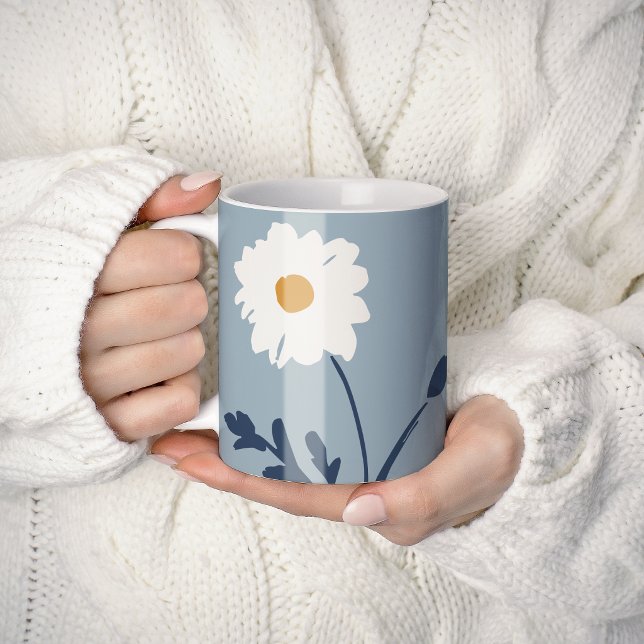 Caneca De Café Margarida Azul e Branco & Texto Personalizado Mode (Criador carregado)