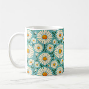 Caneca De Café Margaridas em um Fundo Azul Suave