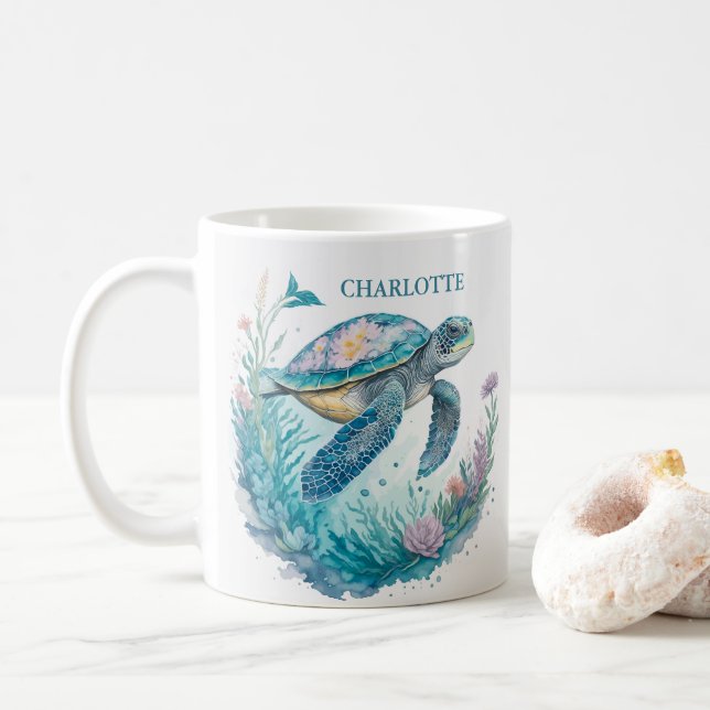 Caneca De Café Marinha de Tartaruga Marítima Personalizada (Com Donut)