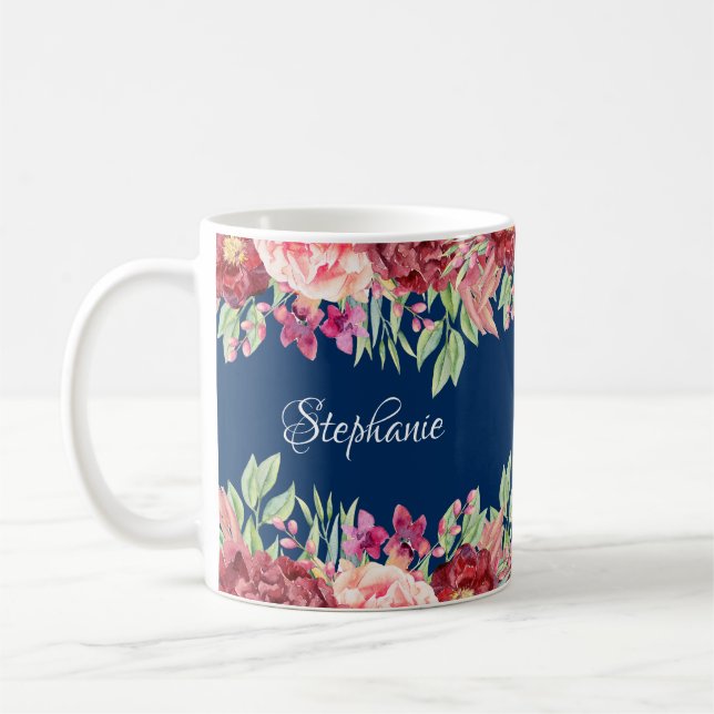 Caneca De Café Marinho Azul Borgonha Floral Nome Personalizado (Esquerda)